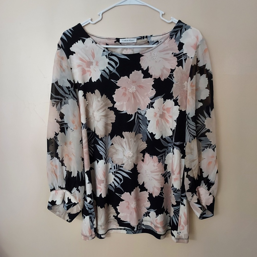 Calvin Klein Floral Long Sleeve Blouse Black Pink Women's Top Large